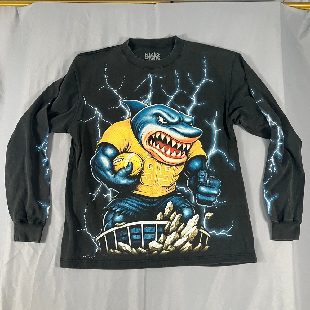 Empire‎ Graphic Long Sleeve Shirt Mens Large Shark Football Lightning Vtg Retro